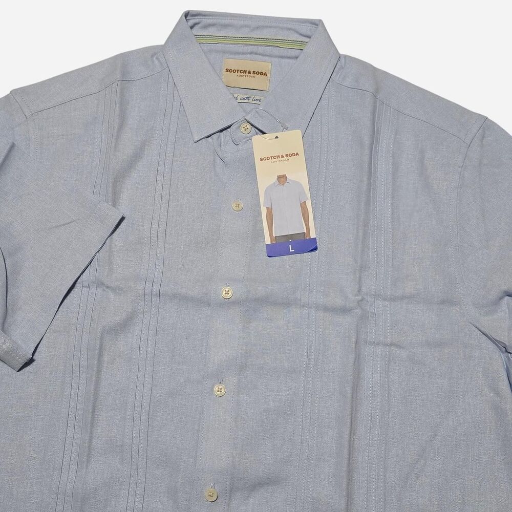 NWT - SCOTCH & SODA Men's Large Linen-Blend Pintuck Guayabera Blue Button Up Shi